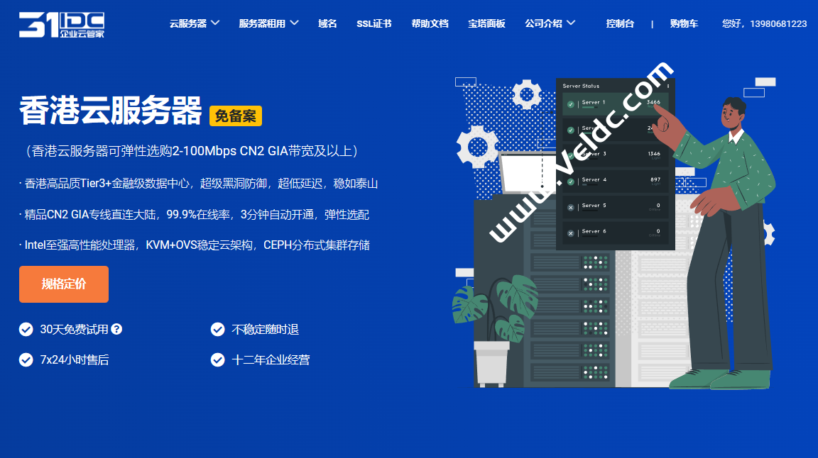 31IDC：香港云服务器，精品优化CN2 GIA网络，月付58元起，新客1元免费试用30天